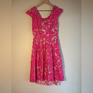 Yoana Baraschi (Anthropologie) Hot Pink and Ivory Floral Lace Dress *No Slip*